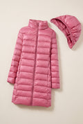 Glossy Hooded Puffer Coat in Pink — studio front