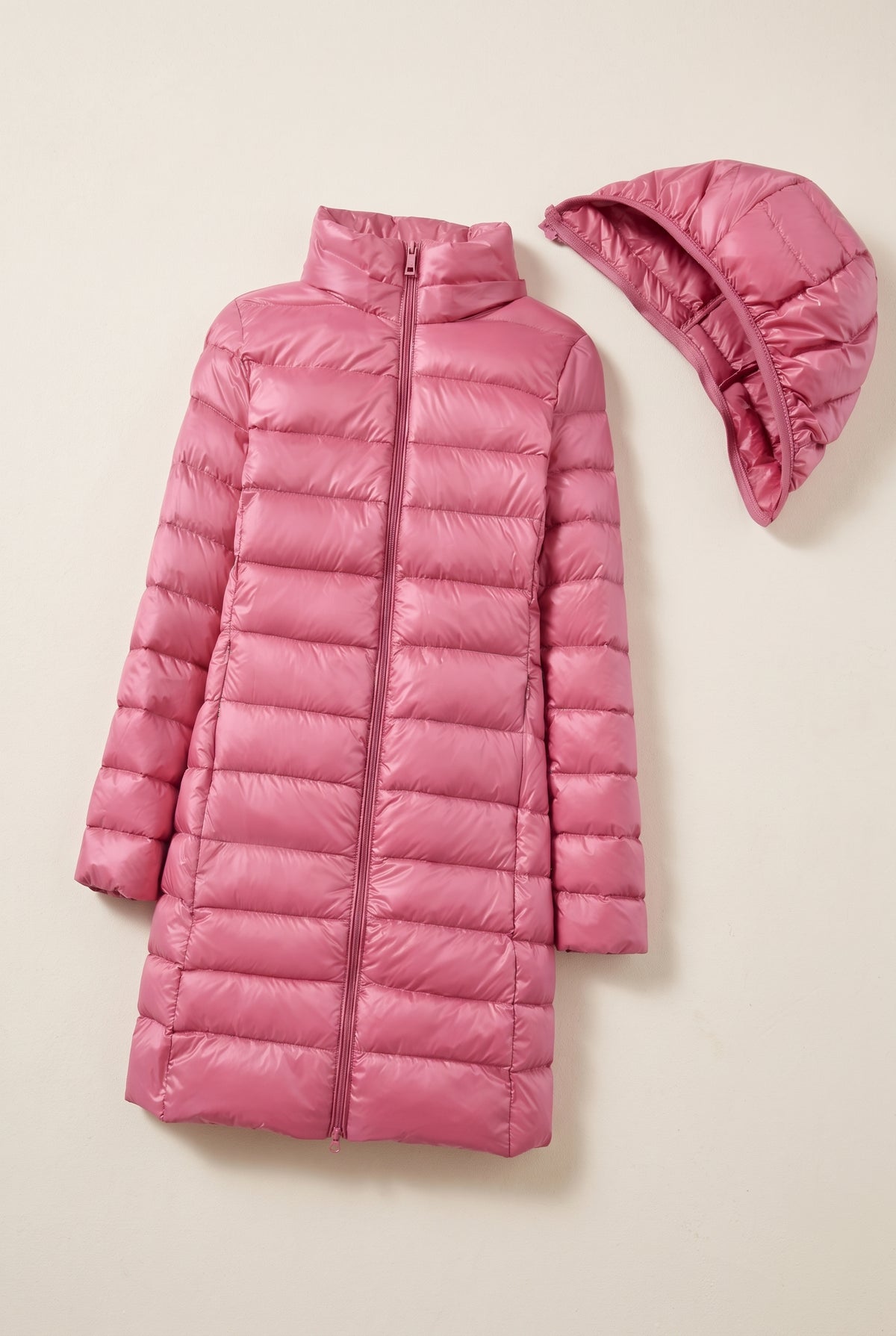 Glossy Hooded Puffer Coat in Pink — studio front