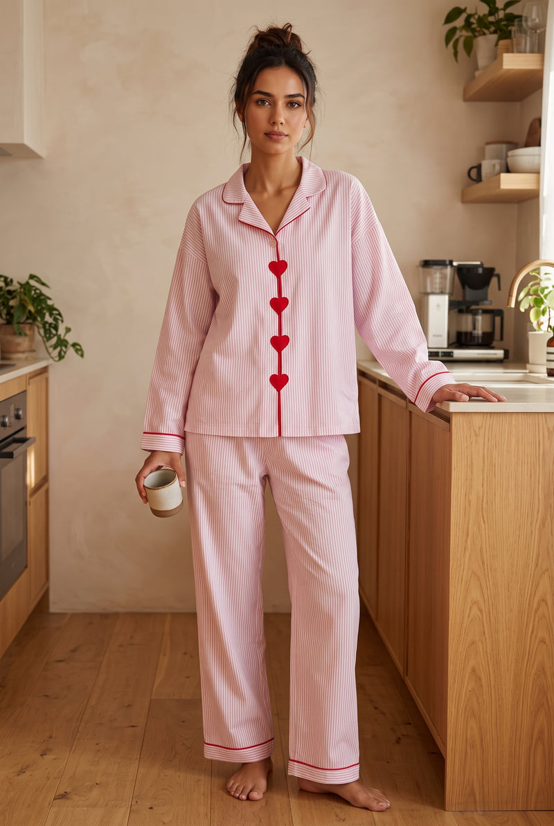 Heart Button Pajama Set in Pink — lifestyle