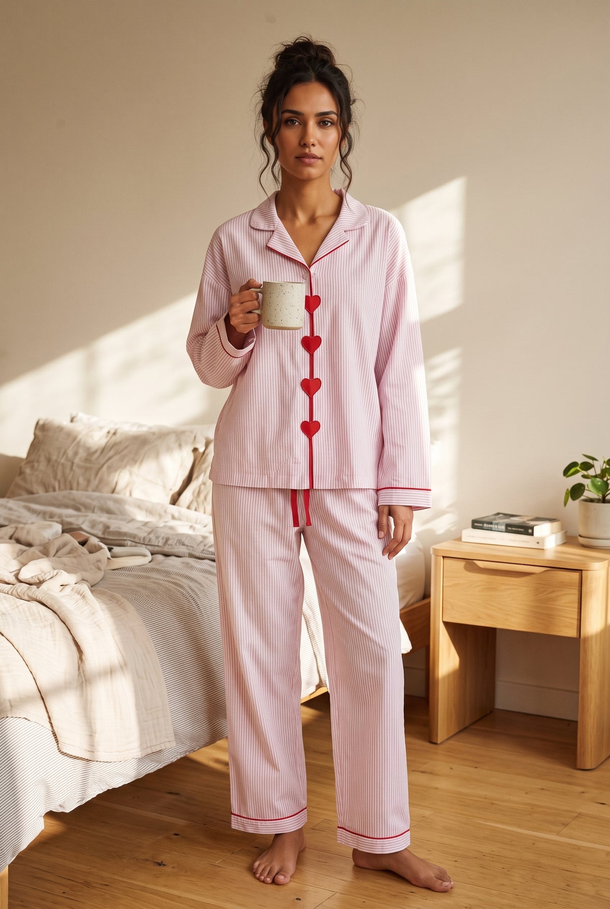 Heart Button Pajama Set in Pink — studio front
