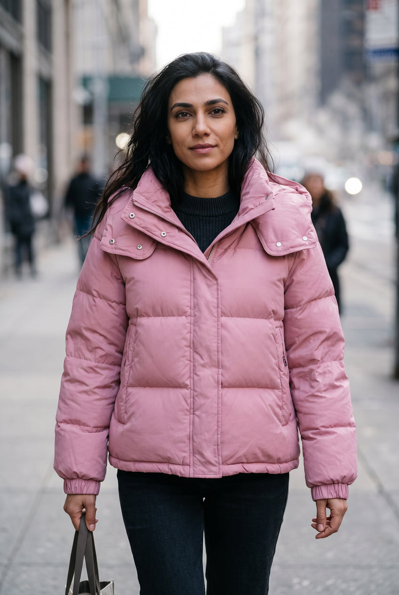 High Neck Hooded Puffer Jacket in Pink — lifestyle
