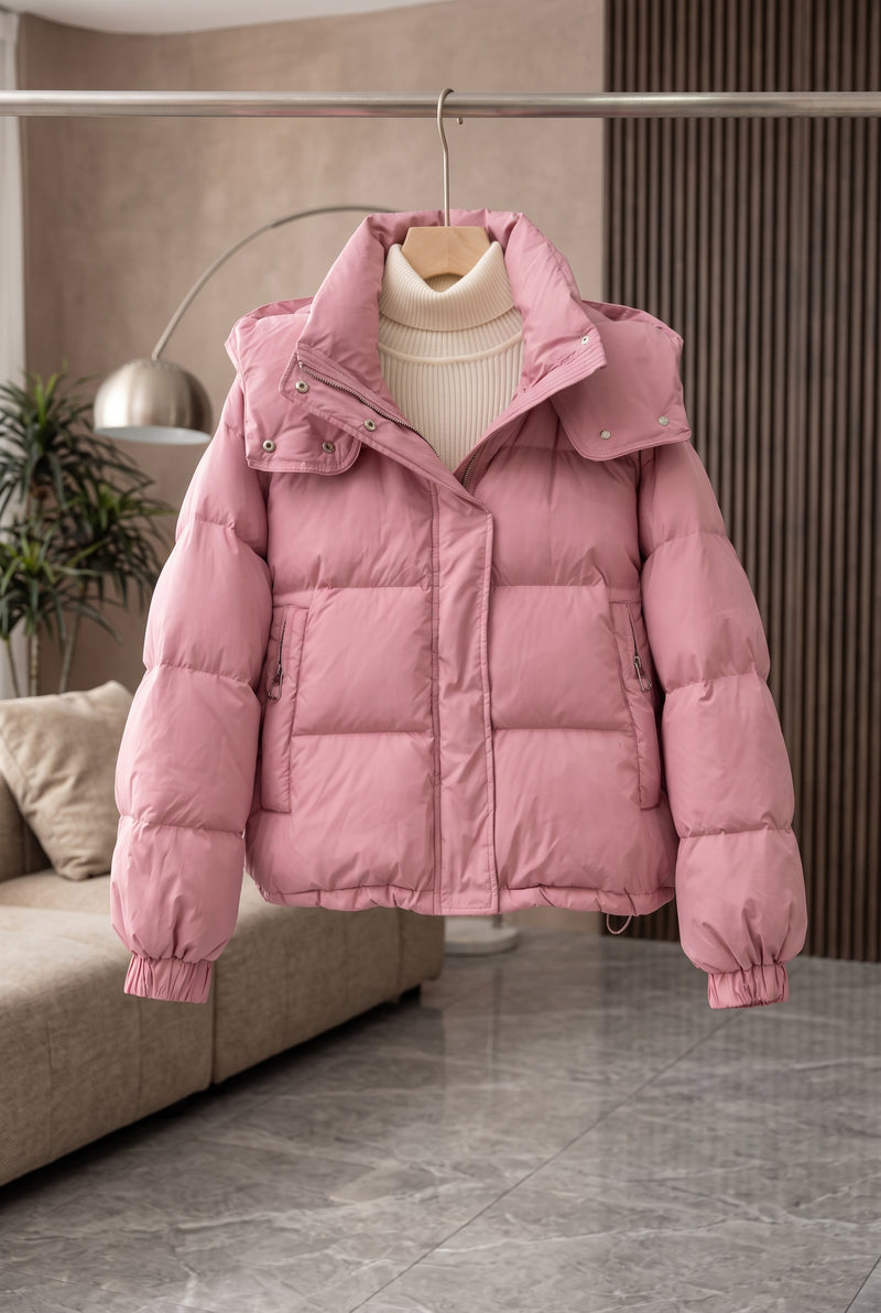 High Neck Hooded Puffer Jacket in Pink — studio front