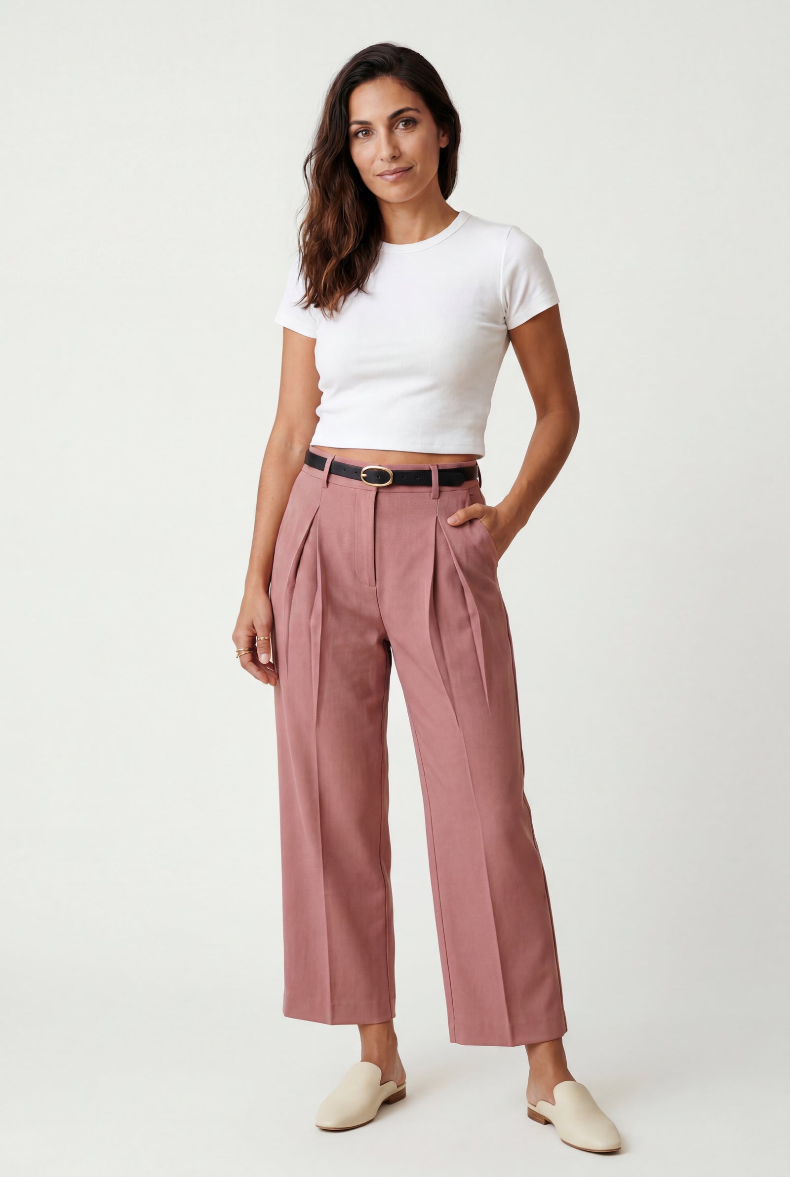 Pink High-waisted Wide-leg Tailored Trousers with Belt - Wide leg trousers - Photo 6