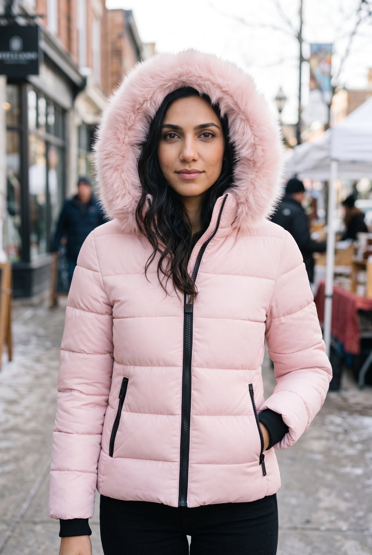 Hooded Faux-Fur Puffer Jacket in Pink — studio front