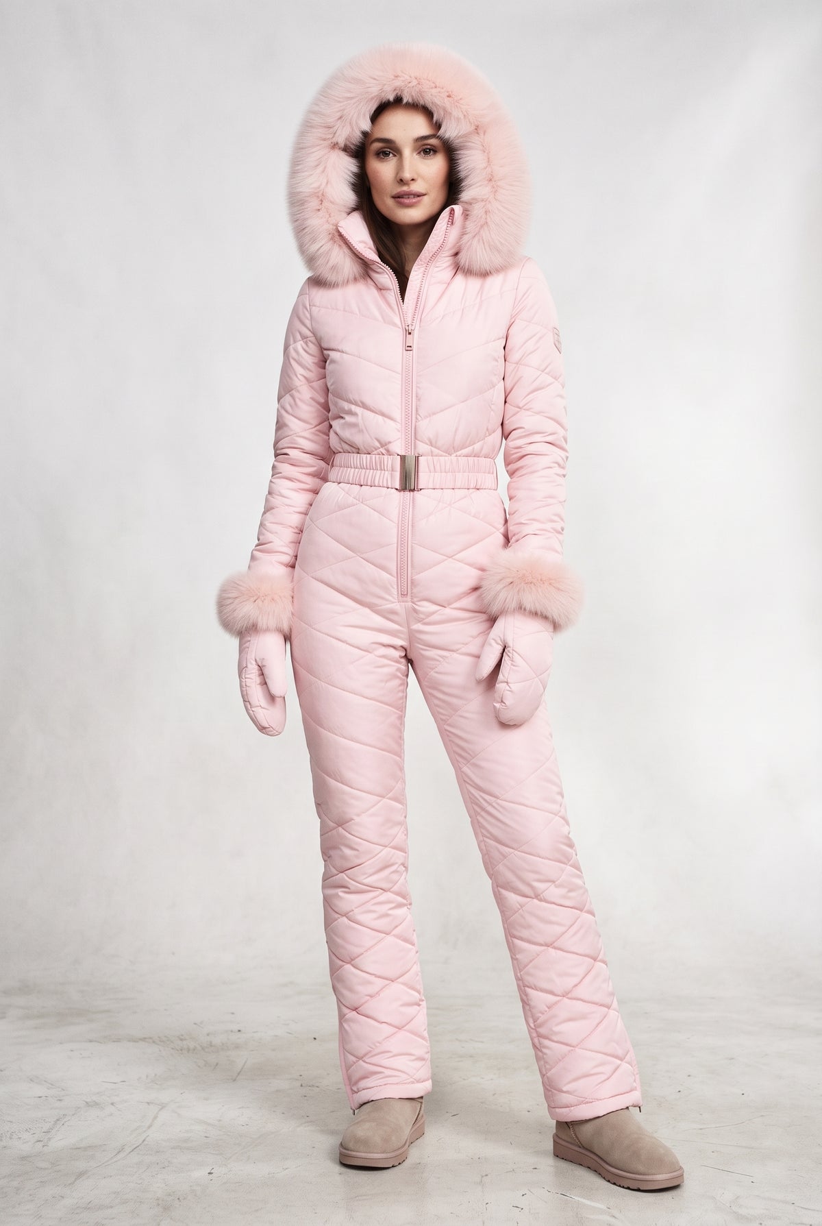 Hooded Snow Suit with Fur Trim in Pink — studio front