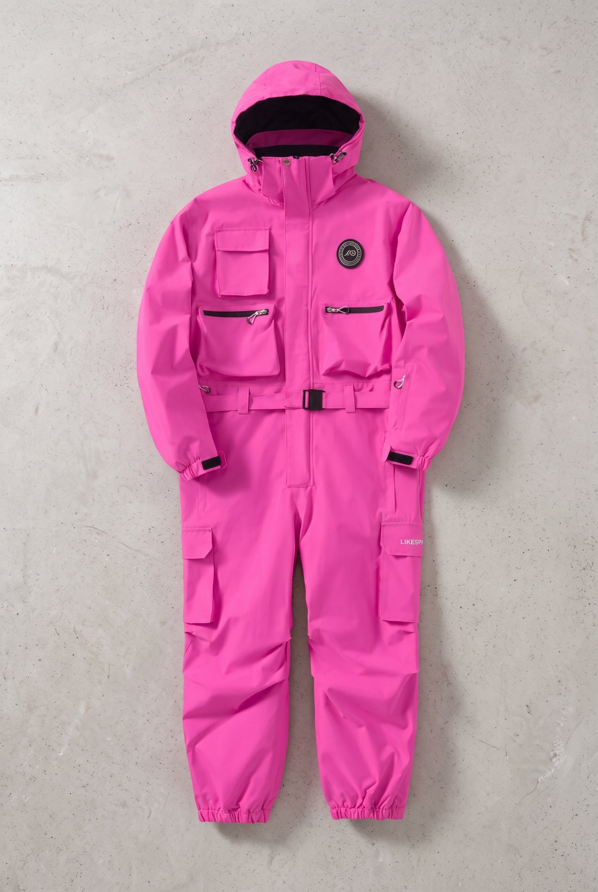 Insulated One-Piece Ski Suit in Pink — studio front