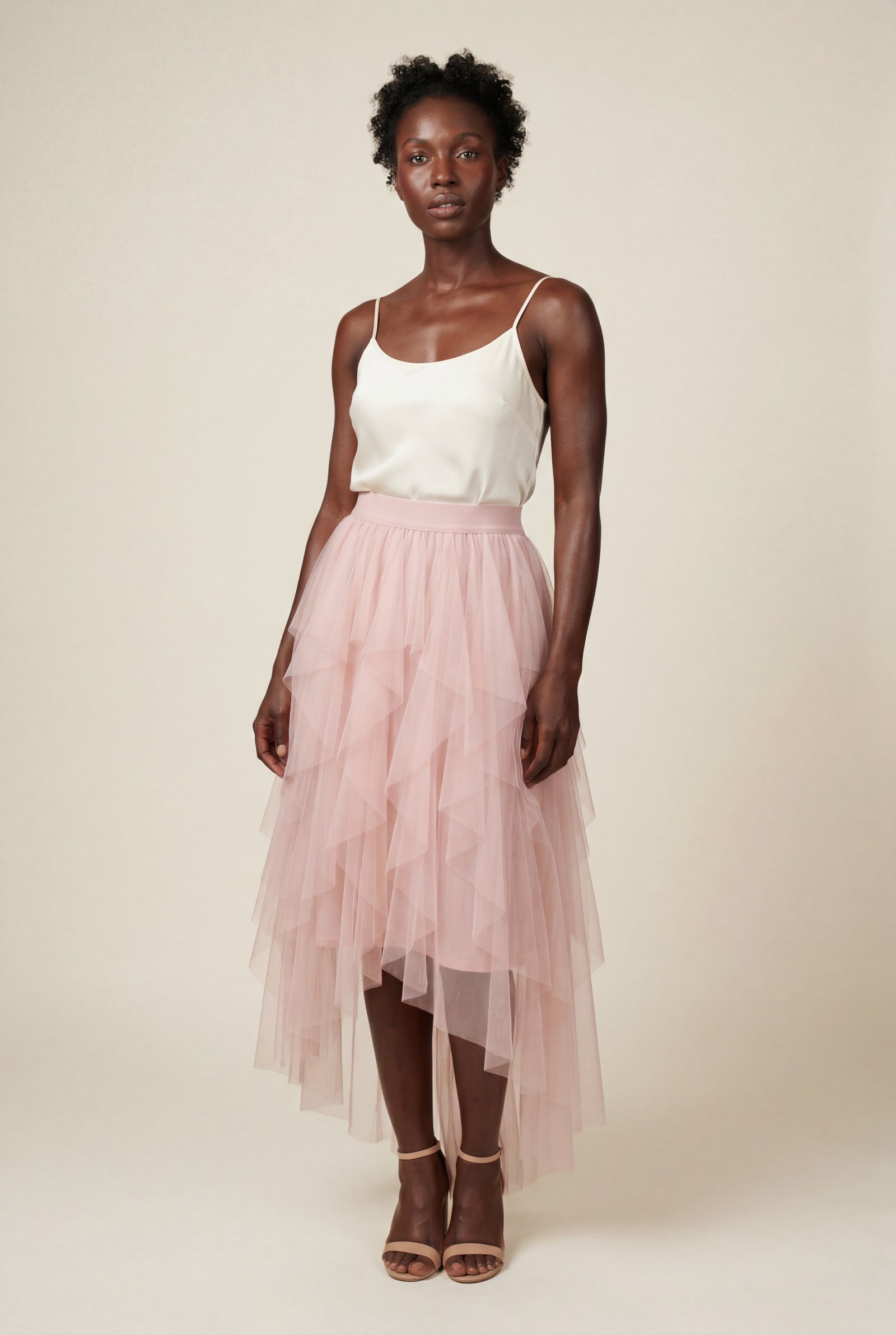 Pink Layered Asymmetric Hem Midi Skirt with Elastic Waistband - Layered skirts - Photo 1