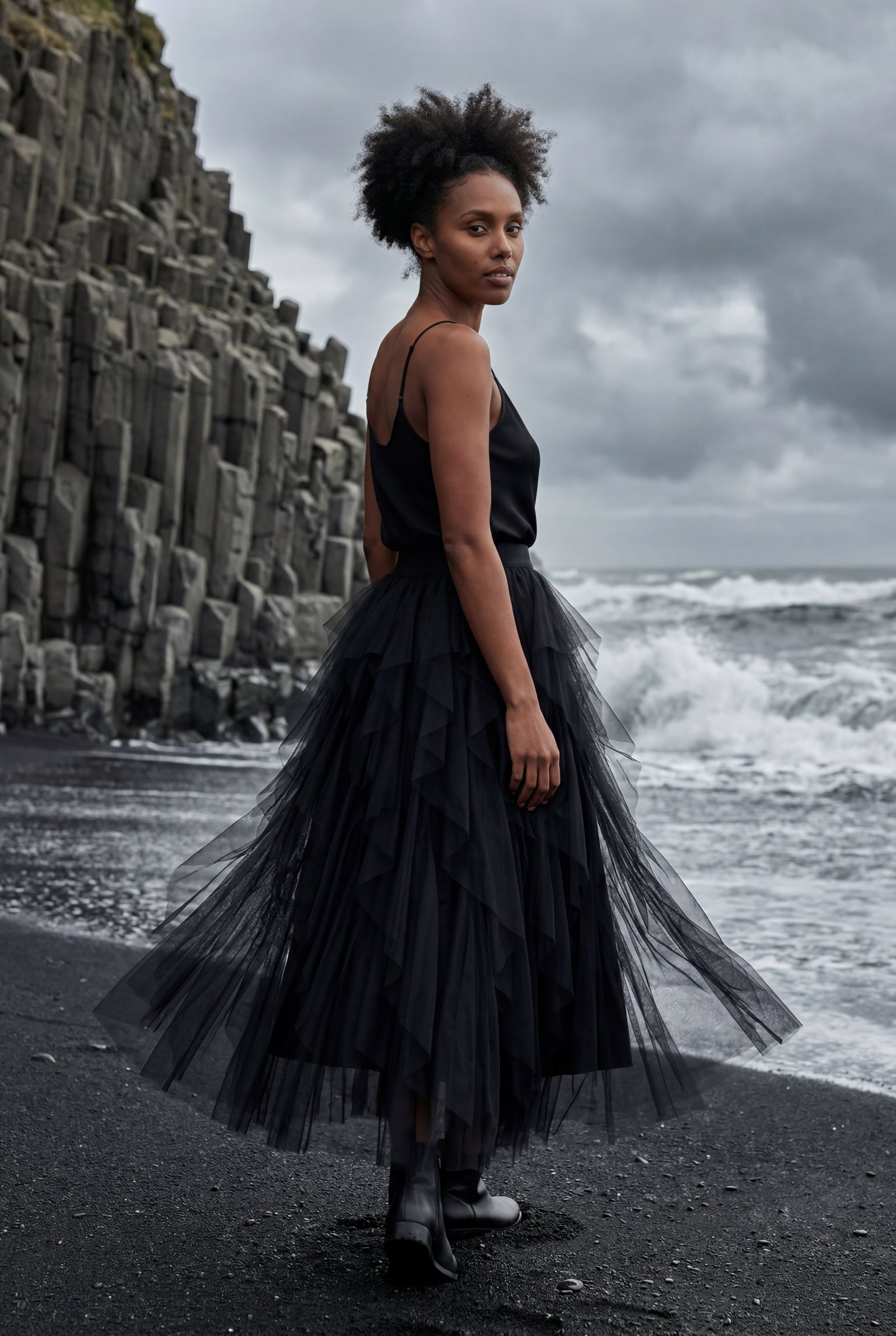 Black Layered Asymmetric Hem Midi Skirt with Elastic Waistband - Layered skirts - Photo 10