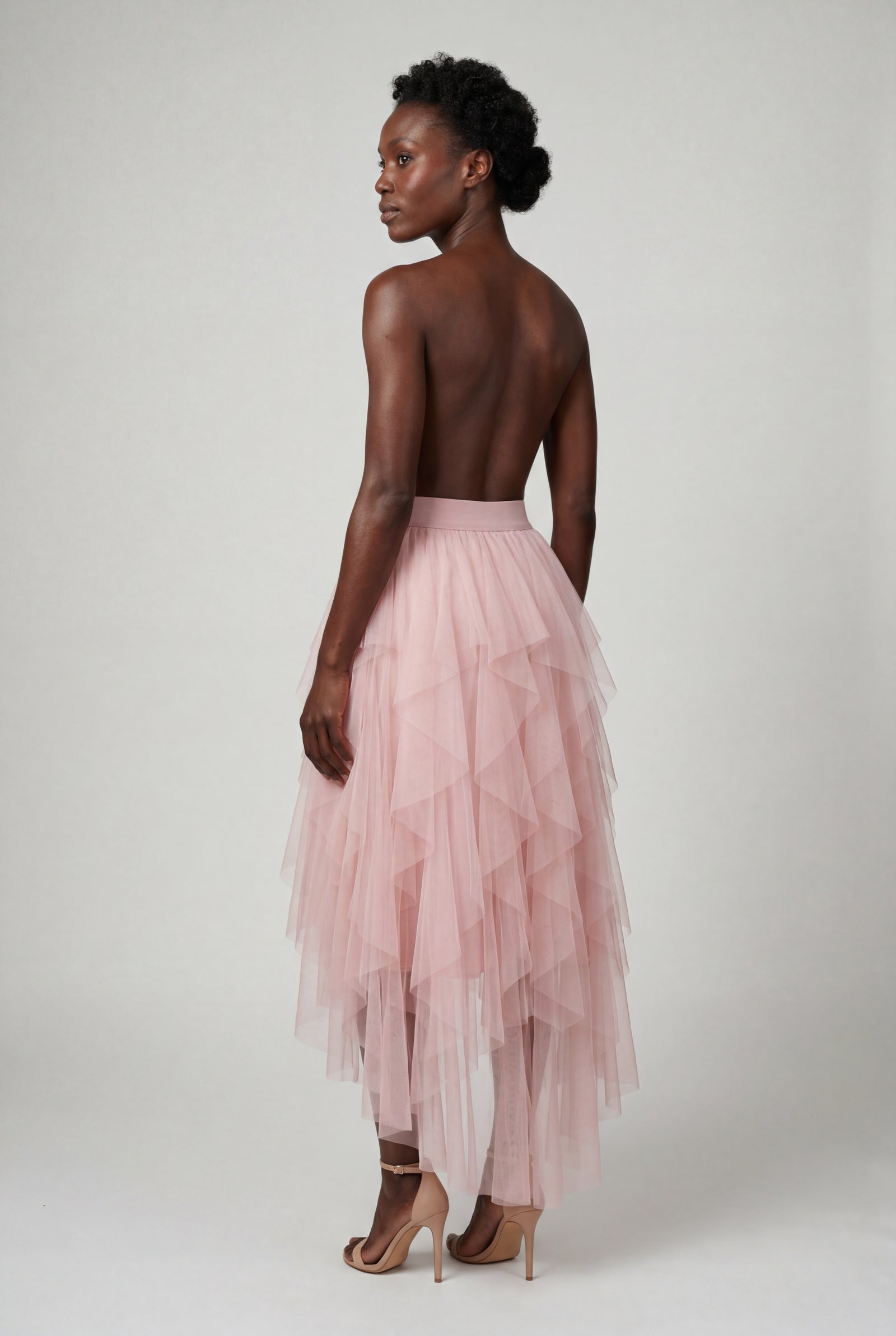 Pink Layered Asymmetric Hem Midi Skirt with Elastic Waistband - Layered skirts - Photo 2