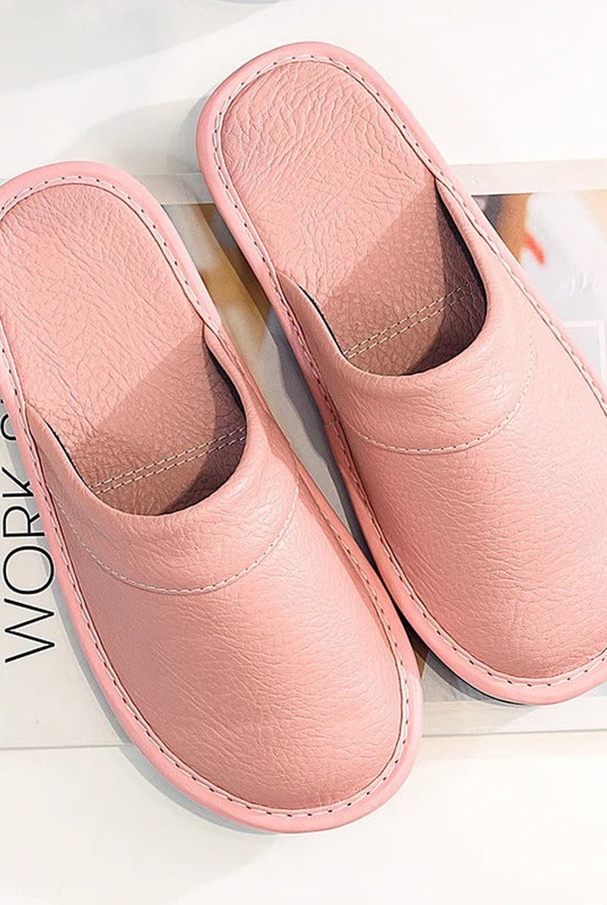 Leather Slip-On Slippers in Pink — front view