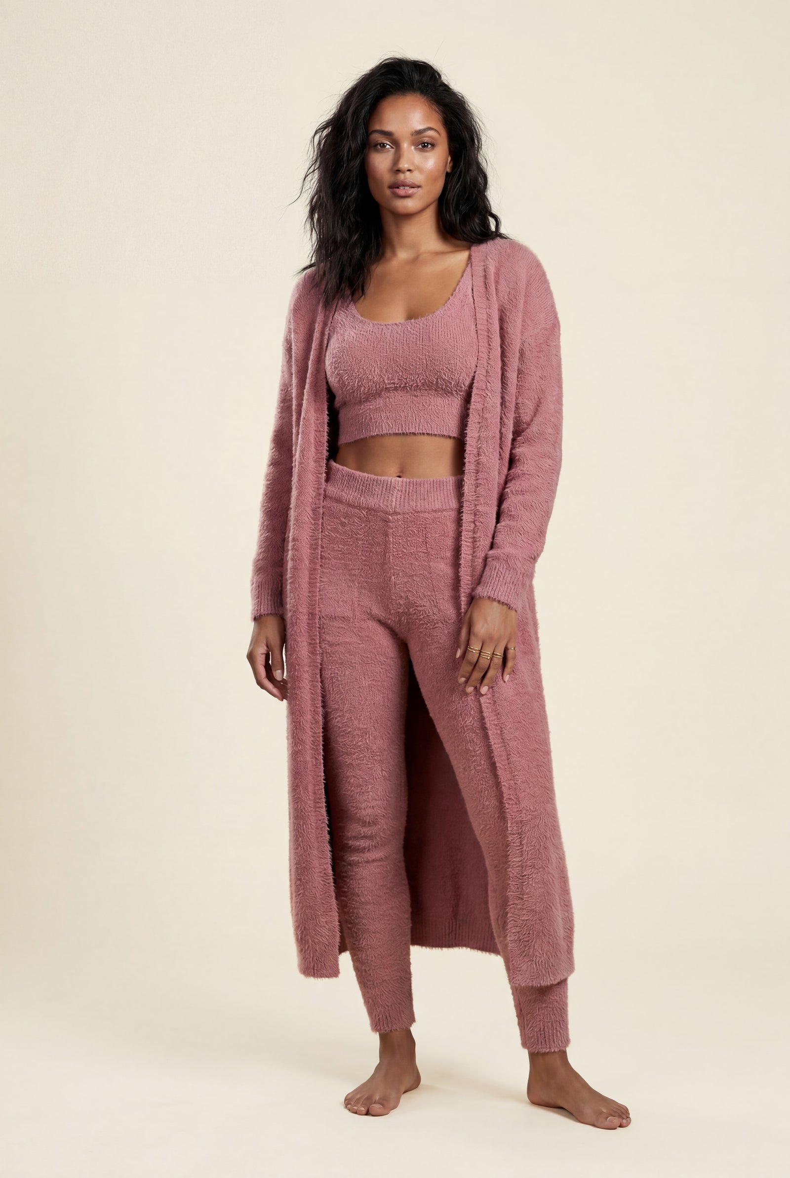Pink Longline Cardigan 3-piece Ribbed Loungewear Set - Photo 16