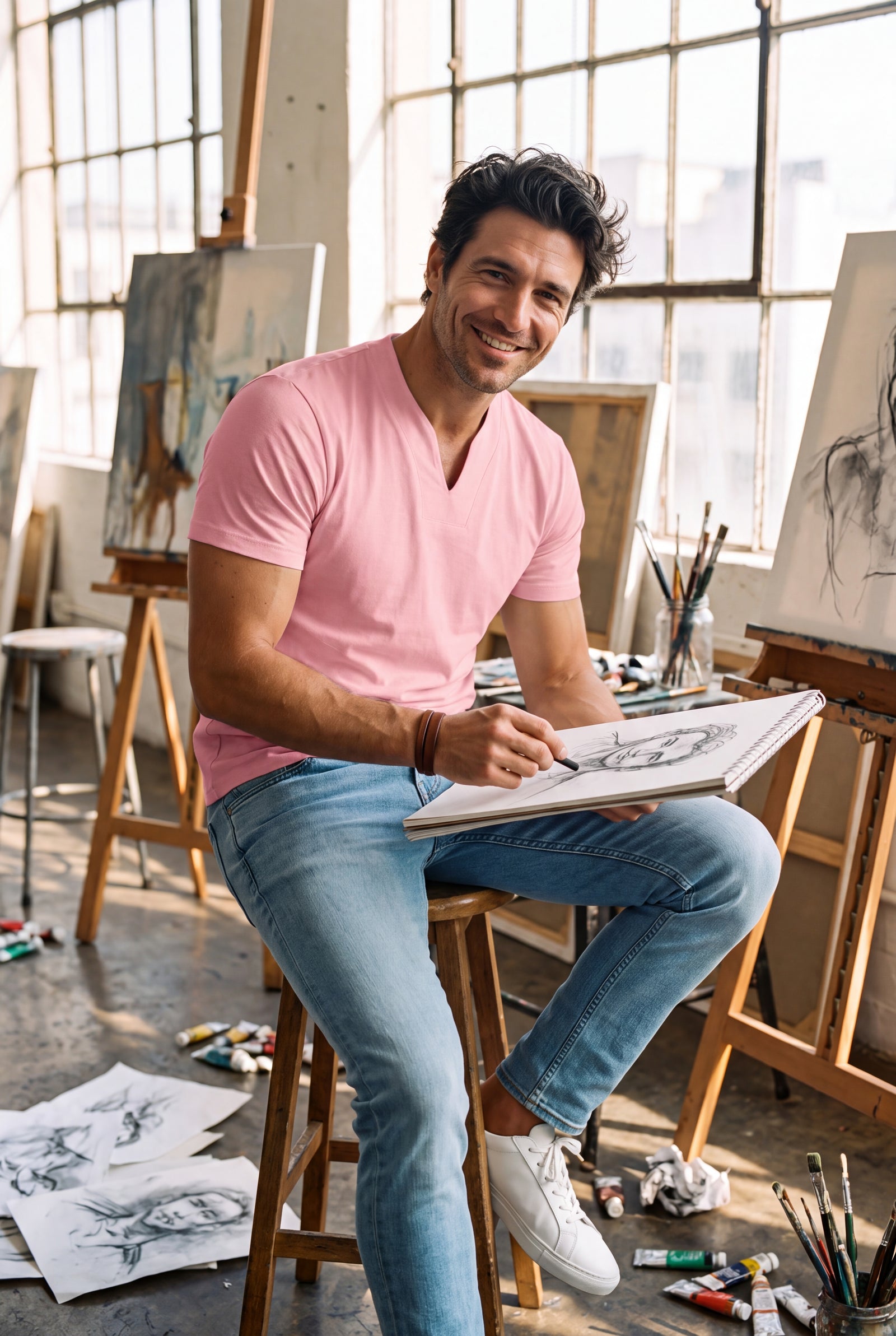 Men's V-Neck T-Shirt Short Sleeve in Pink — secondary lifestyle