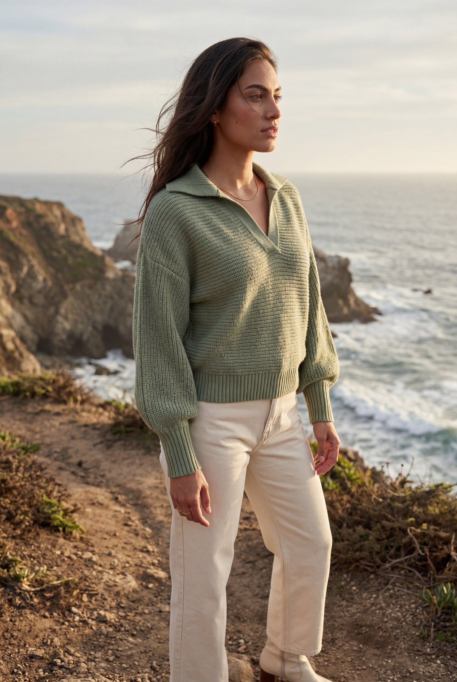 Green Oversized Collared Chunky Sweater with Balloon Sleeves - Oversized sweater - Photo 12