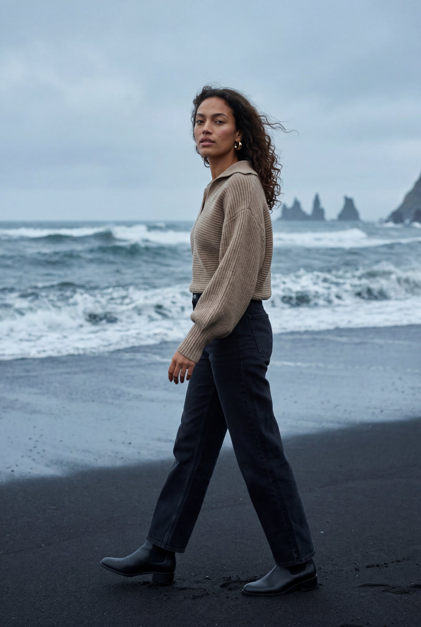 Khaki Oversized Collared Chunky Sweater with Balloon Sleeves - Oversized sweater - Photo 15