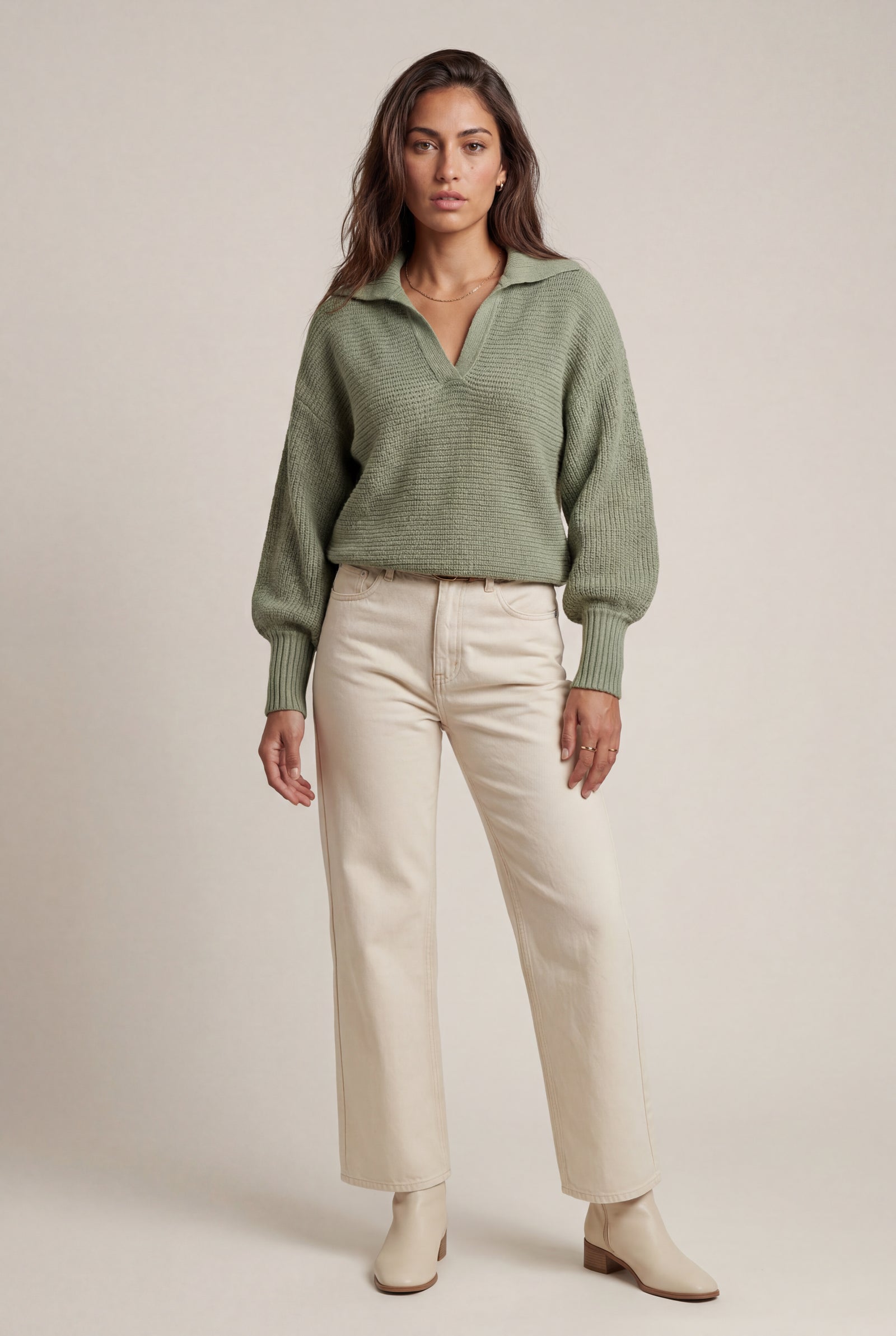 Green Oversized Collared Chunky Sweater with Balloon Sleeves - Oversized sweater - Photo 7