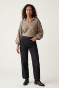 Khaki Oversized Collared Chunky Sweater with Balloon Sleeves - Oversized sweater - Photo 8