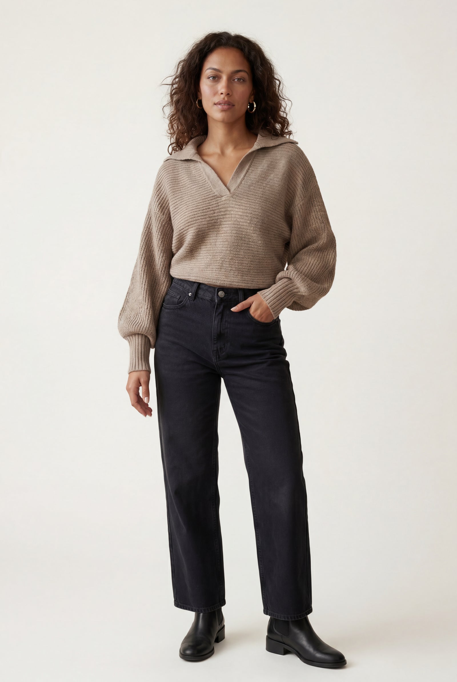 Khaki Oversized Collared Chunky Sweater with Balloon Sleeves - Oversized sweater - Photo 8