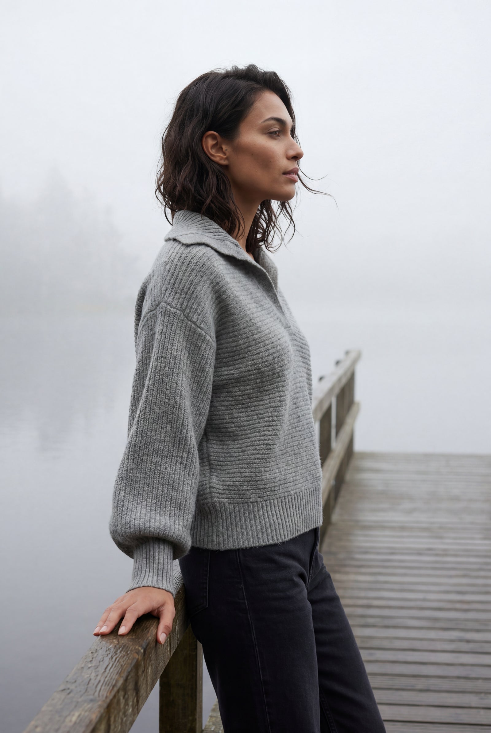 Gray Oversized Collared Chunky Sweater with Balloon Sleeves - Oversized sweater - Photo 9