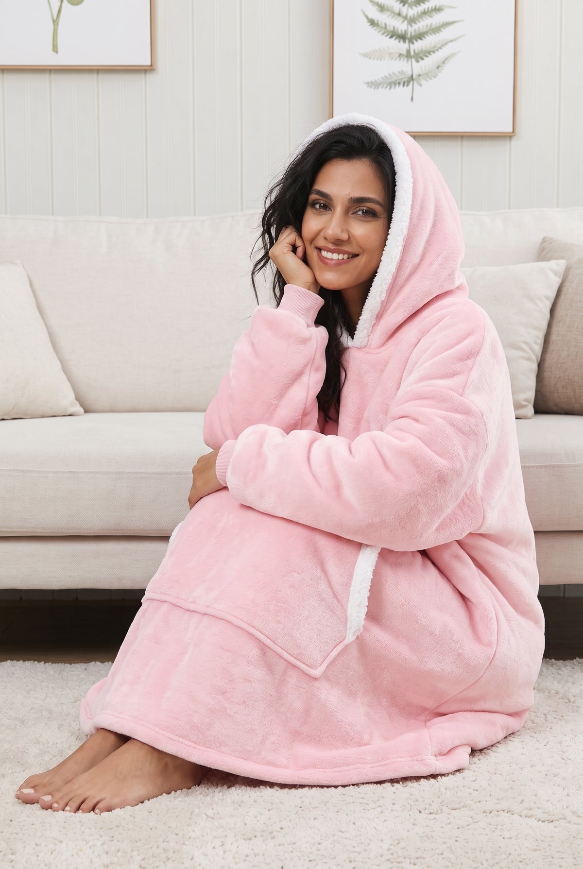 Oversized Fleece Blanket Hoodie in Pink — studio front