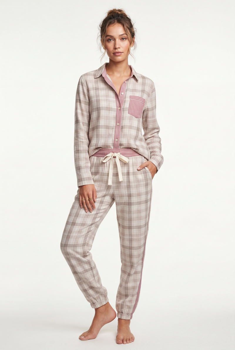 Pink Patchwork Button-up Pajama Set with Jogger Pants - Photo 2