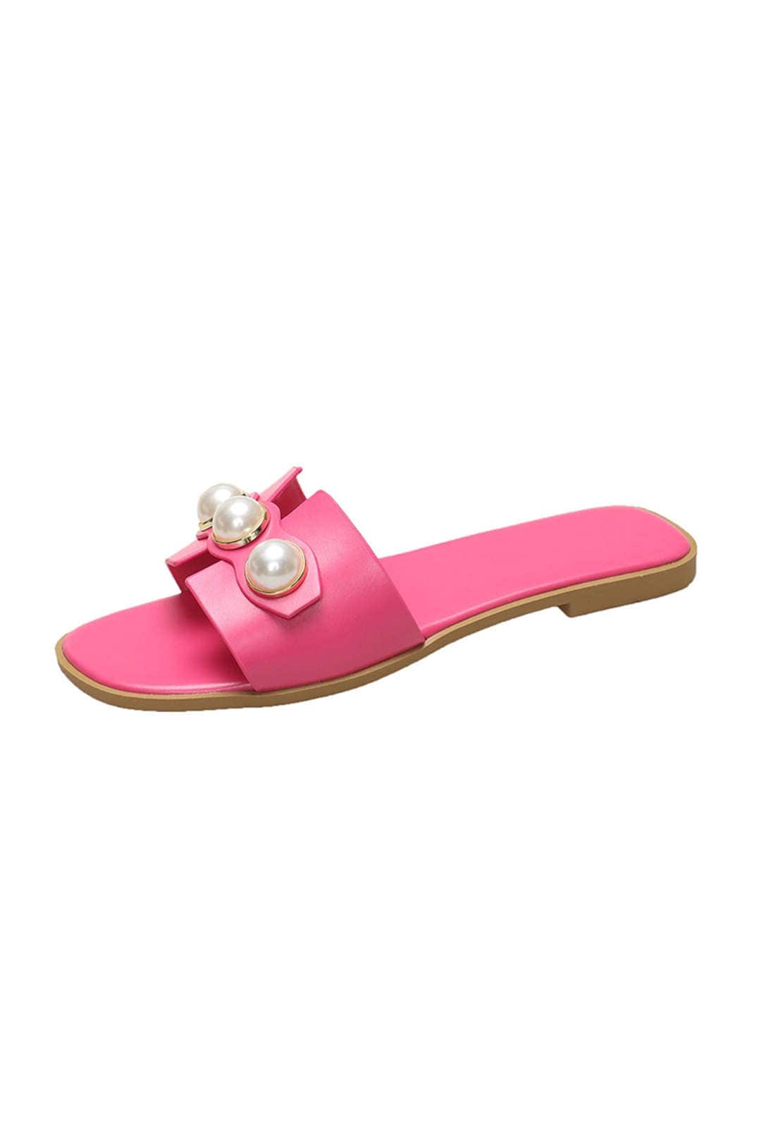 Pink Pearl Embellished Wide Strap Slide Sandals - Photo 4