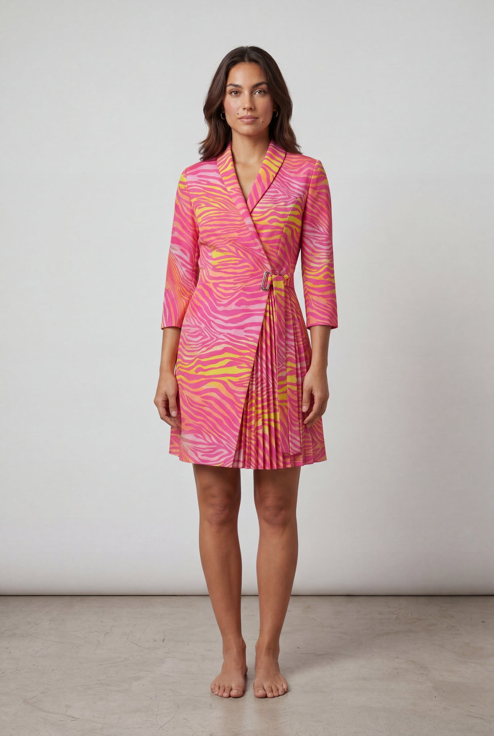 Pink Pleated Wrap Blazer Dress with Three-quarter Sleeves - Photo 11
