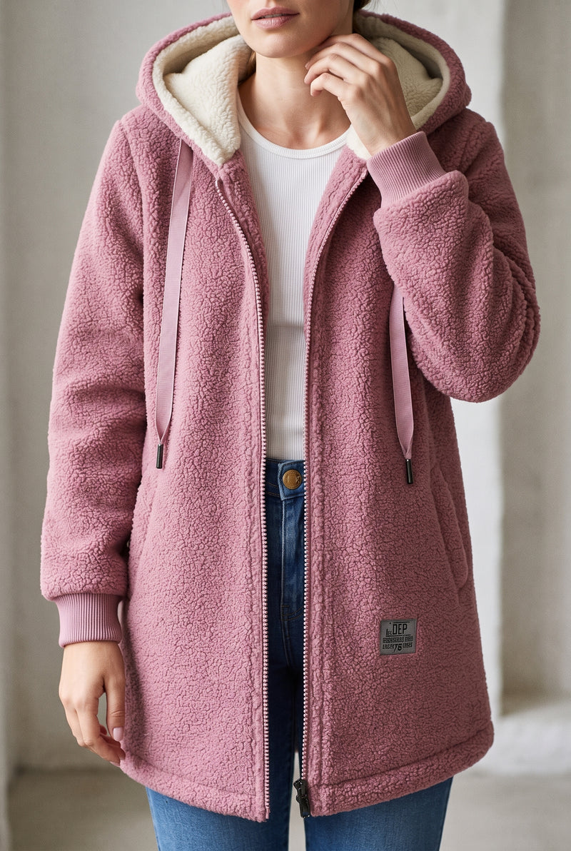 Plush Hooded Fleece Jacket in Pink — studio front
