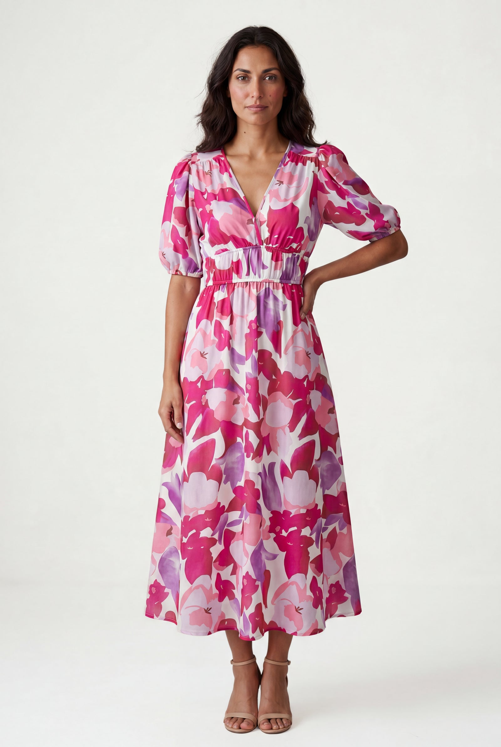 Pink Puff Sleeve V-neck Midi Dress with Elastic Waist - Dresses - Photo 4