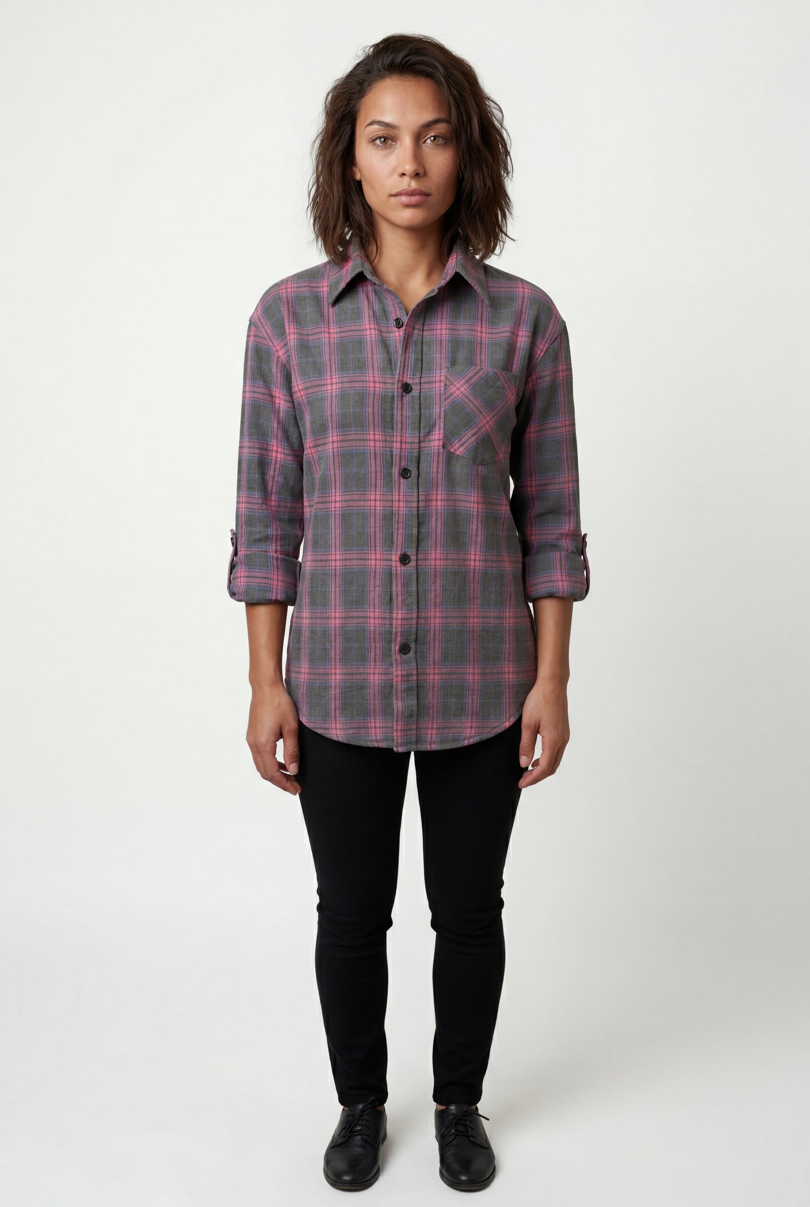 Pink Relaxed Fit Checked Button-down Shirt with Curved Hem - Checked shirt - Photo 5