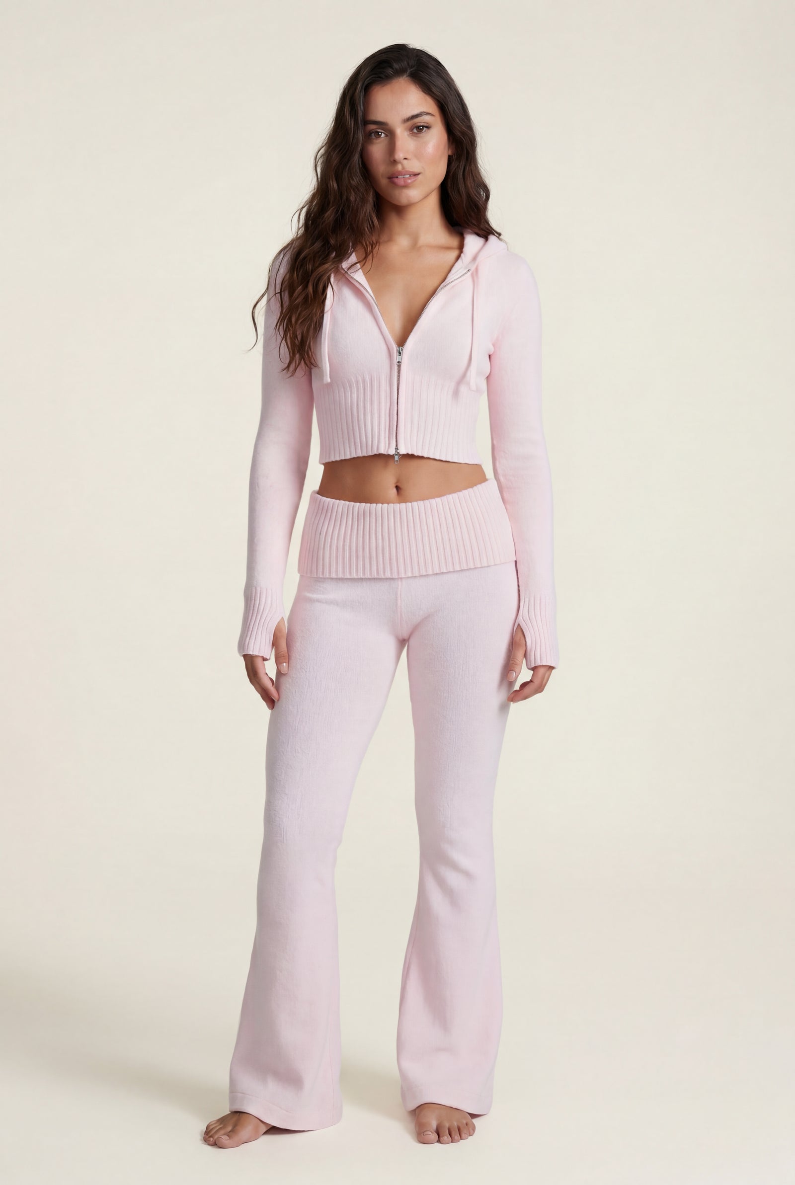 Pink Ribbed Cropped Hoodie and Flared Pants Lounge Set - Cardigan and pants - Photo 1