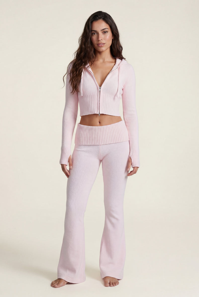 Pink Ribbed Cropped Hoodie and Flared Pants Lounge Set - Cardigan and pants - Photo 1