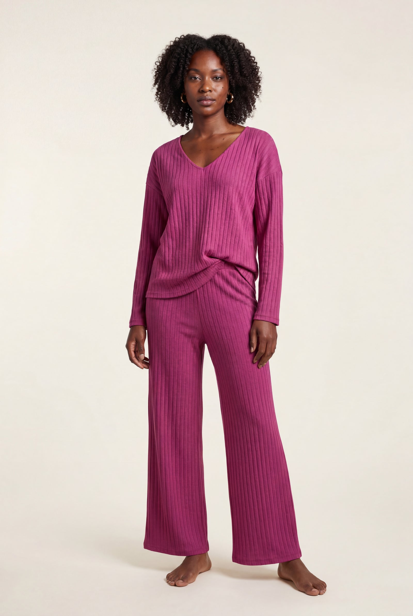 Pink Ribbed Wide-leg Two-piece Loungewear Set - Two-piece set - Photo 1