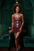 Burgundy Ruched Draped Mini Dress with Spaghetti Straps - Photo 4