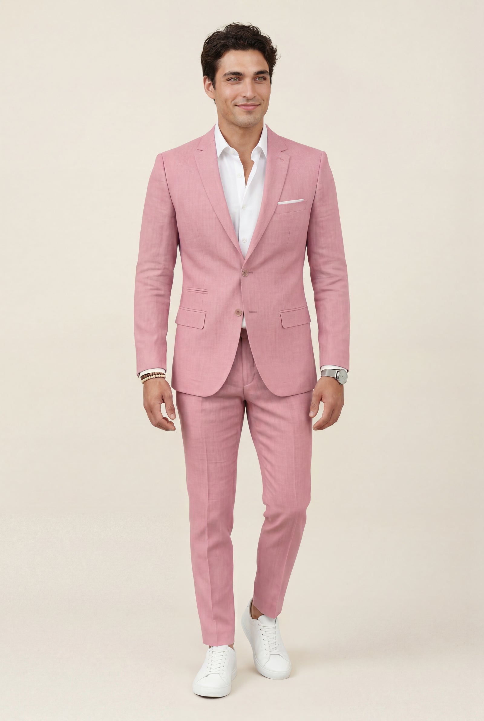 Pink Slim Tailored Suit with Notch Lapel and Tapered Trousers - Linen suit - Photo 7