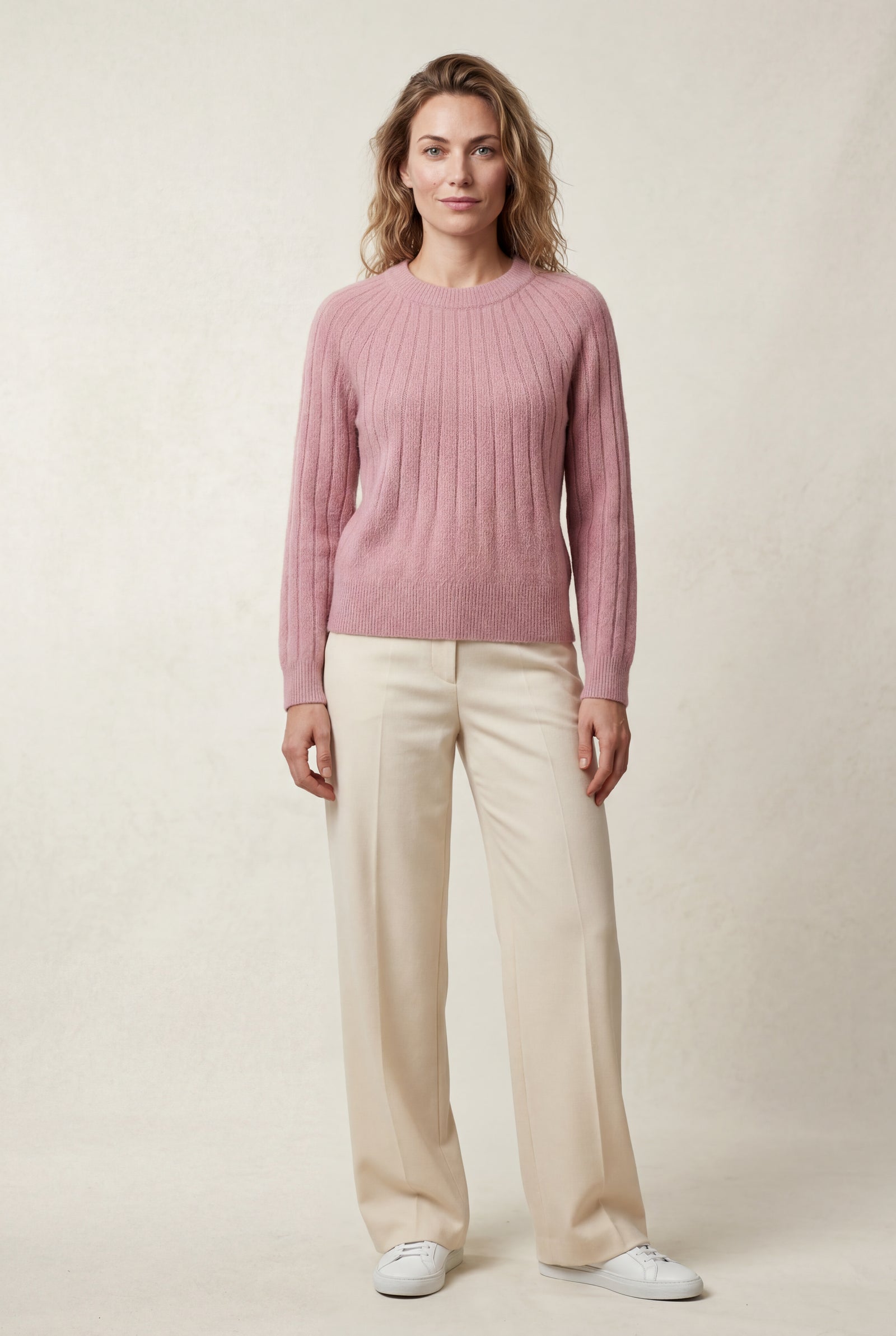 Pink Vertical Ribbed Crewneck Relaxed Fit Sweater - Knit sweater - Photo 5