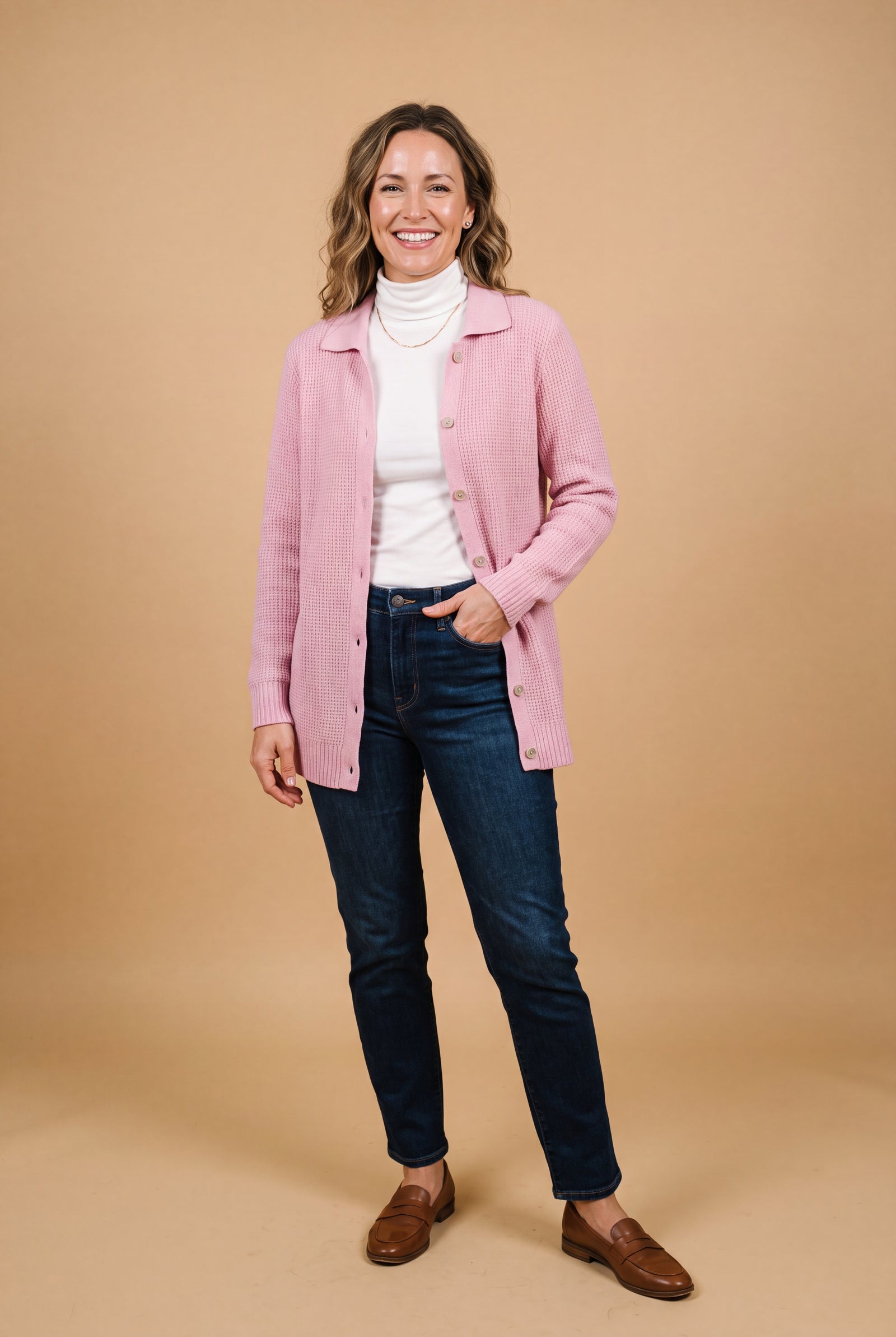 Women's Cardigan Longline Button-Front in Pink — studio front full body