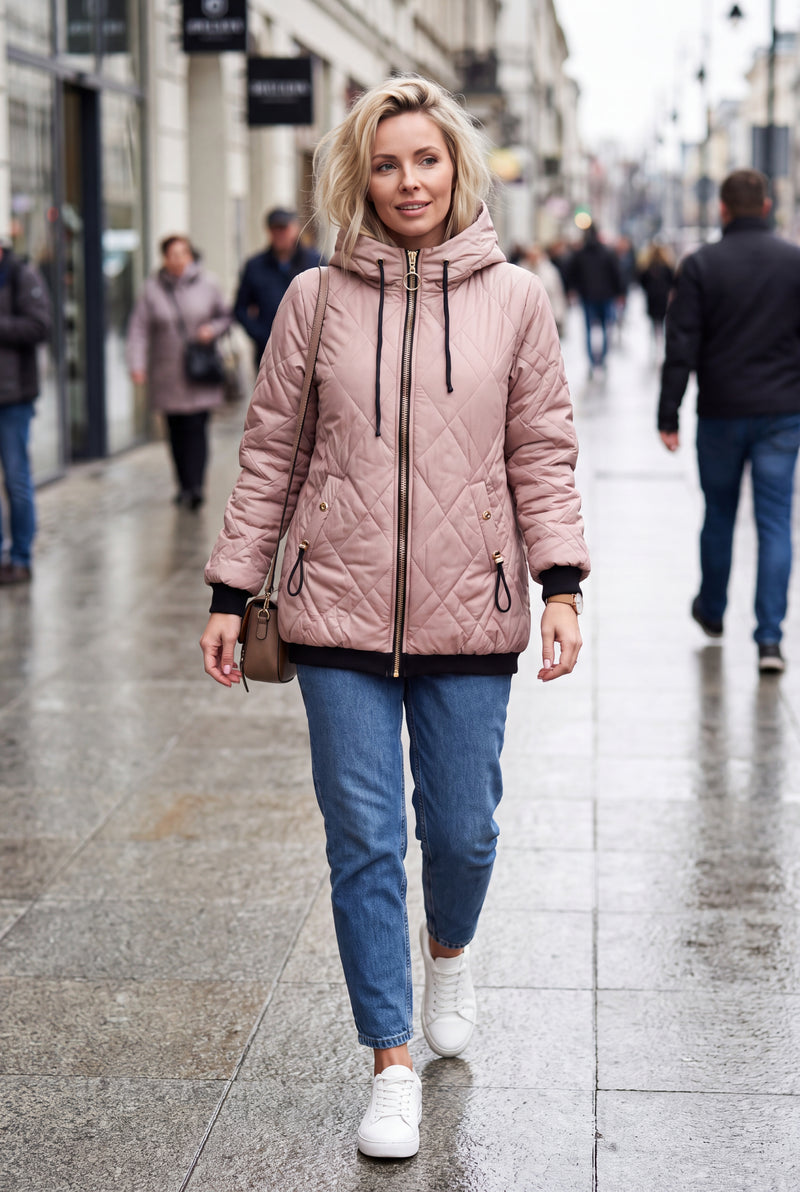 Women's Hooded Jacket Outdoor in Pink — lifestyle sidewalk