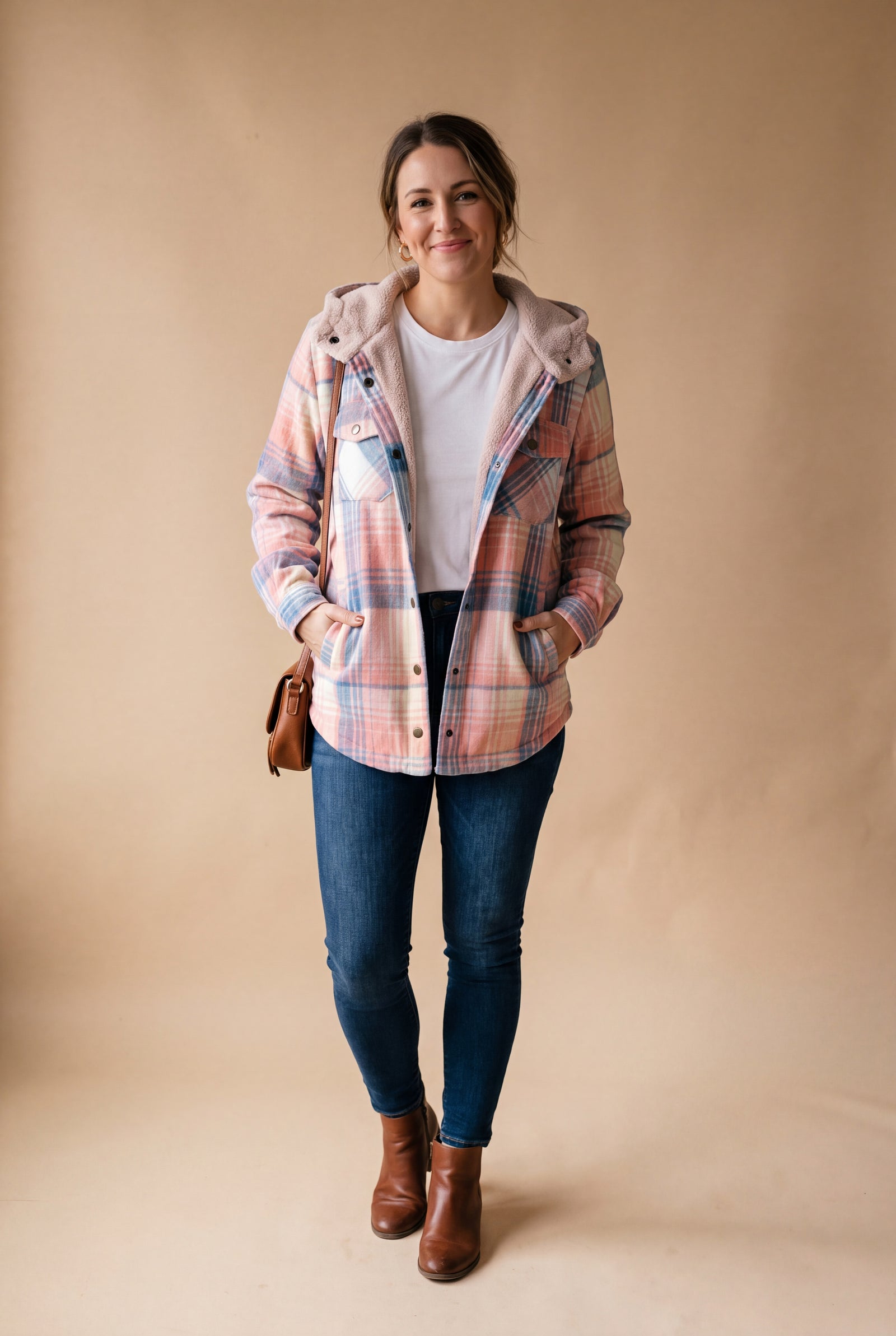 Women's Hooded Plaid Jacket in Pink — primary studio