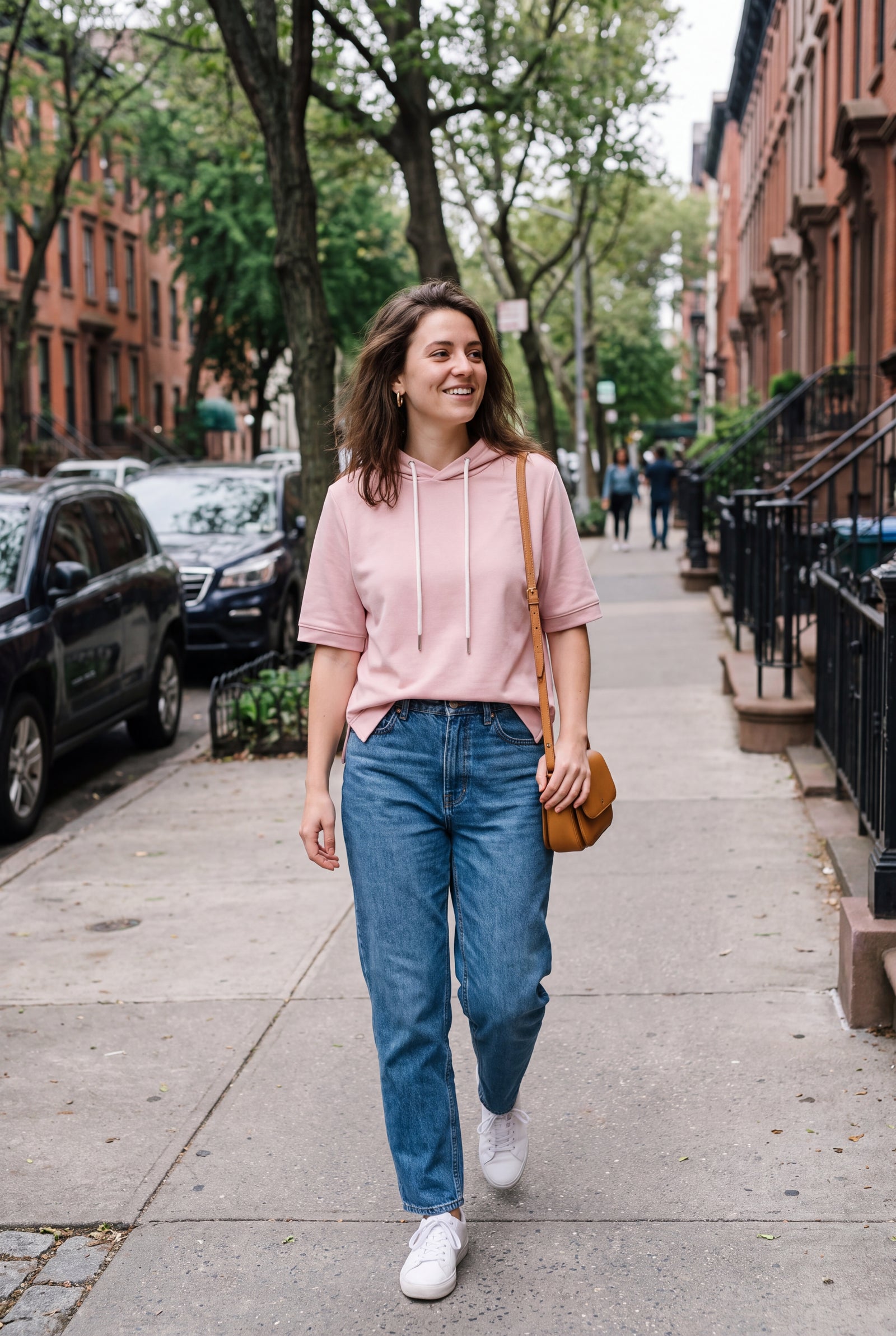 Women's Hoodie Short Sleeve Oversized in Pink — city sidewalk