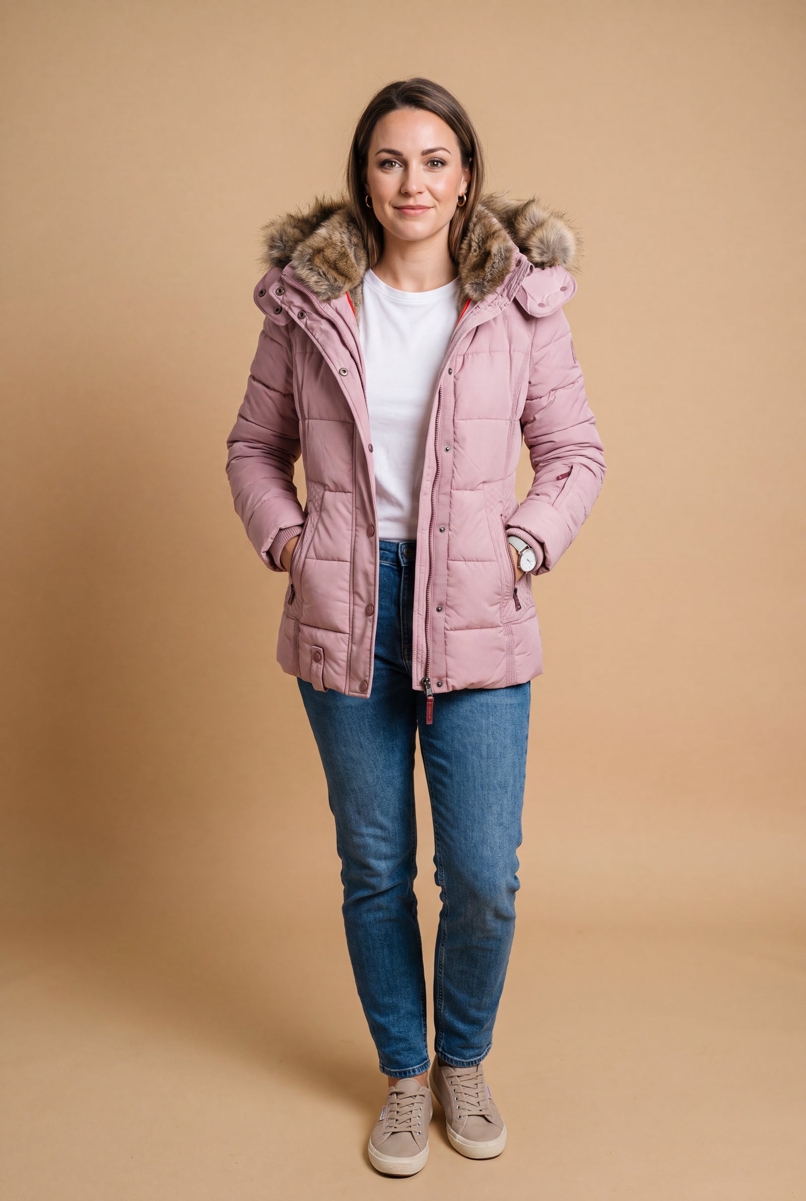 Women's Jacket Faux Fur Collar in Pink — studio full body
