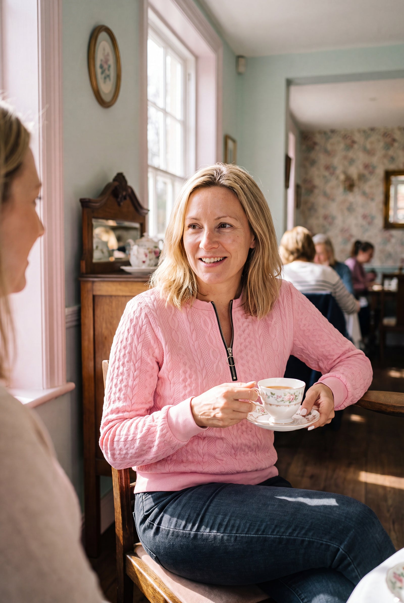 Women's Jumper Half-Zip Fitted Cable Knit in Pink — lifestyle cosy tea room
