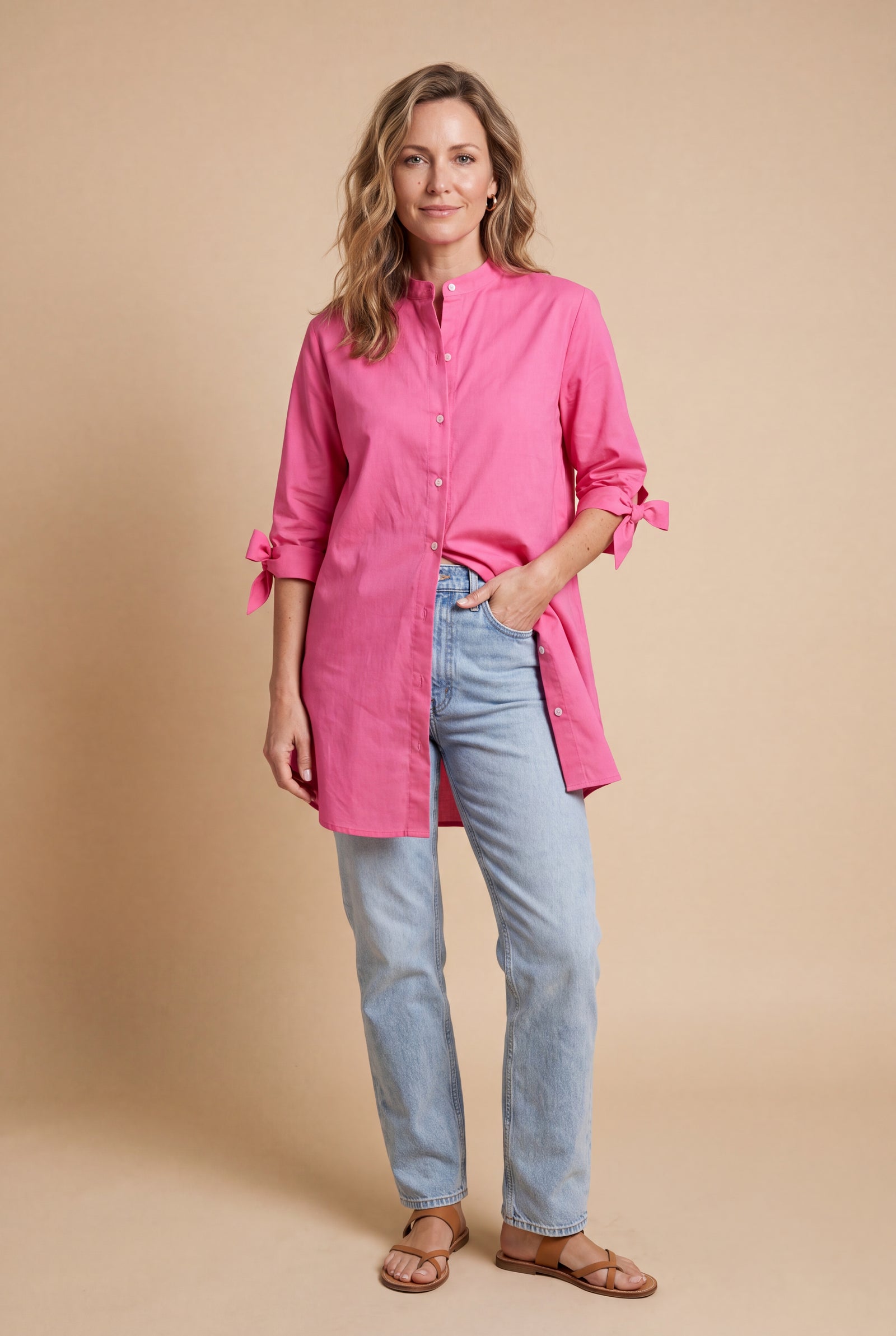 Women's Oversized Button-Up Shirt in Pink — studio full body