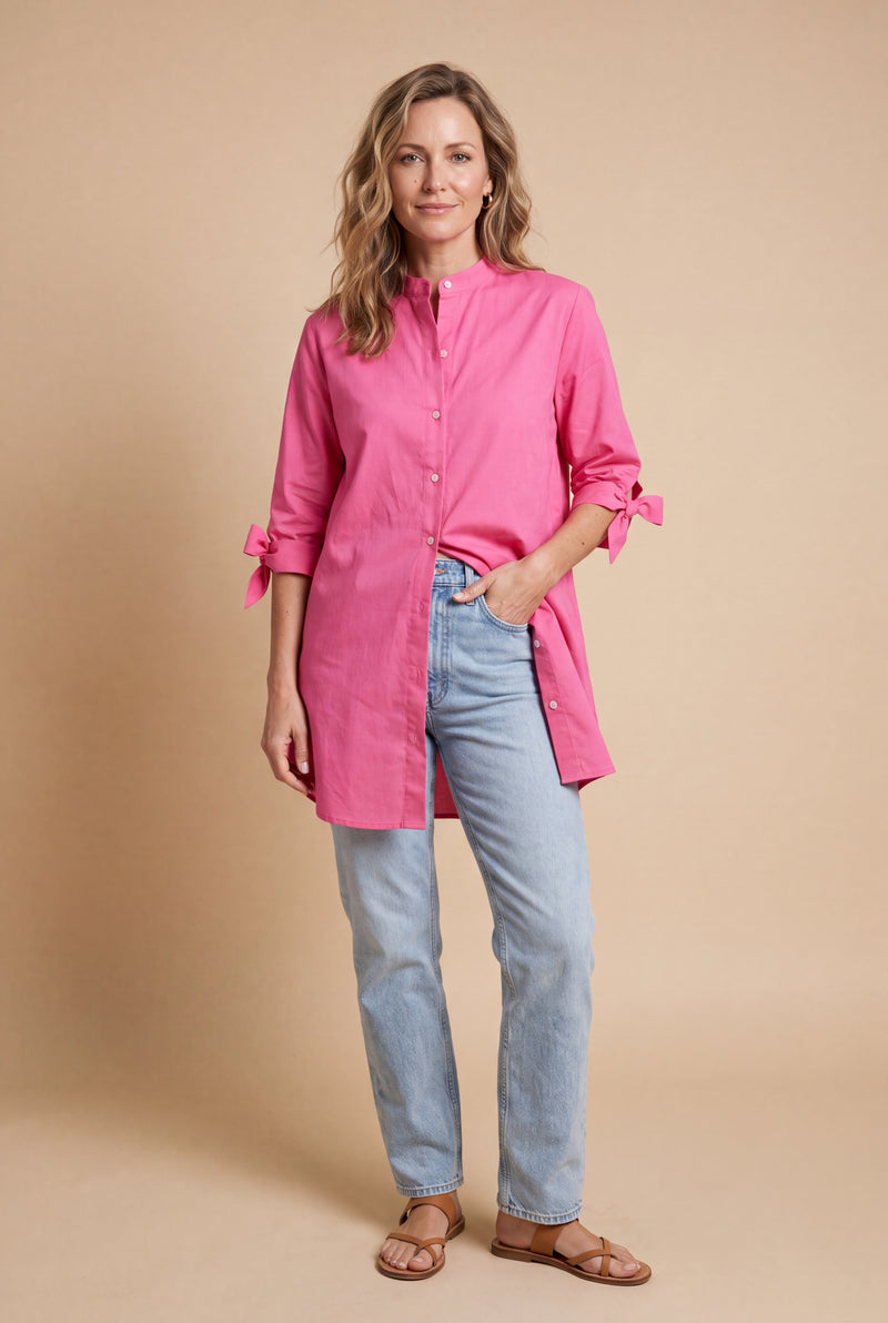 Women's Oversized Button-Up Shirt in Pink — studio full body