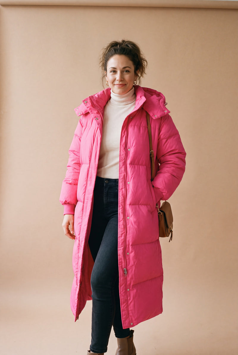 Women's Puffer Jacket Hooded in Pink — studio full body