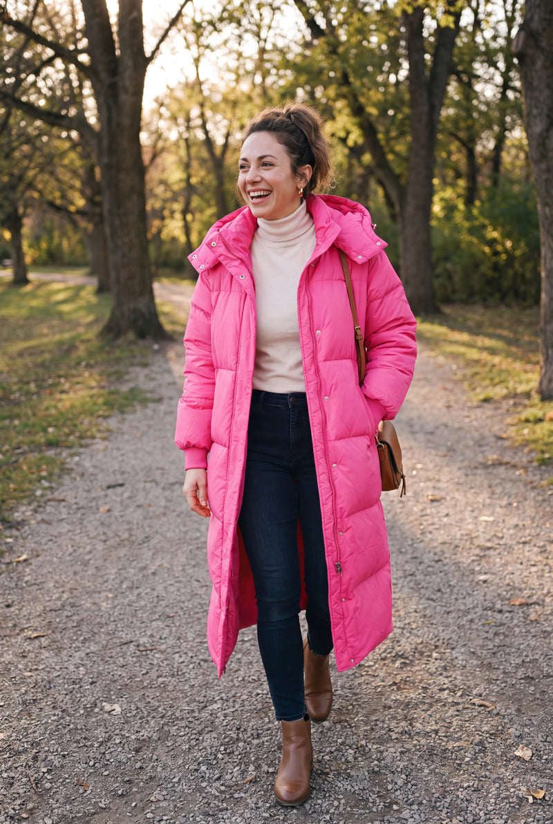 Women's Puffer Jacket Hooded in Pink — ugc candid outdoor