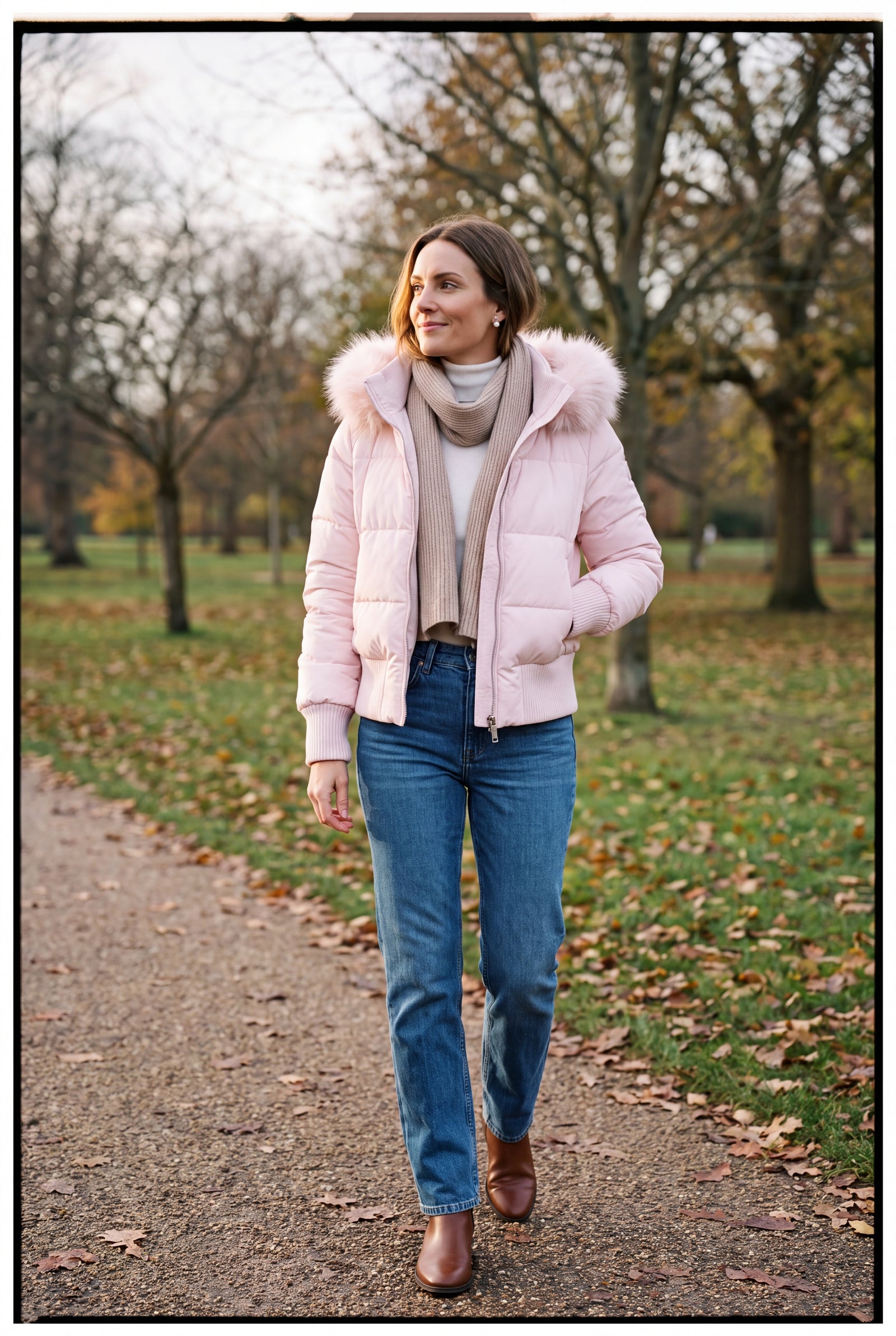 Women's Quilted Jacket Removable Hood in Pink — park walk