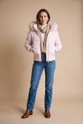 Women's Quilted Jacket Removable Hood in Pink — studio front