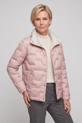 Women's Quilted Puffer Jacket with Stand Collar in Pink — studio front