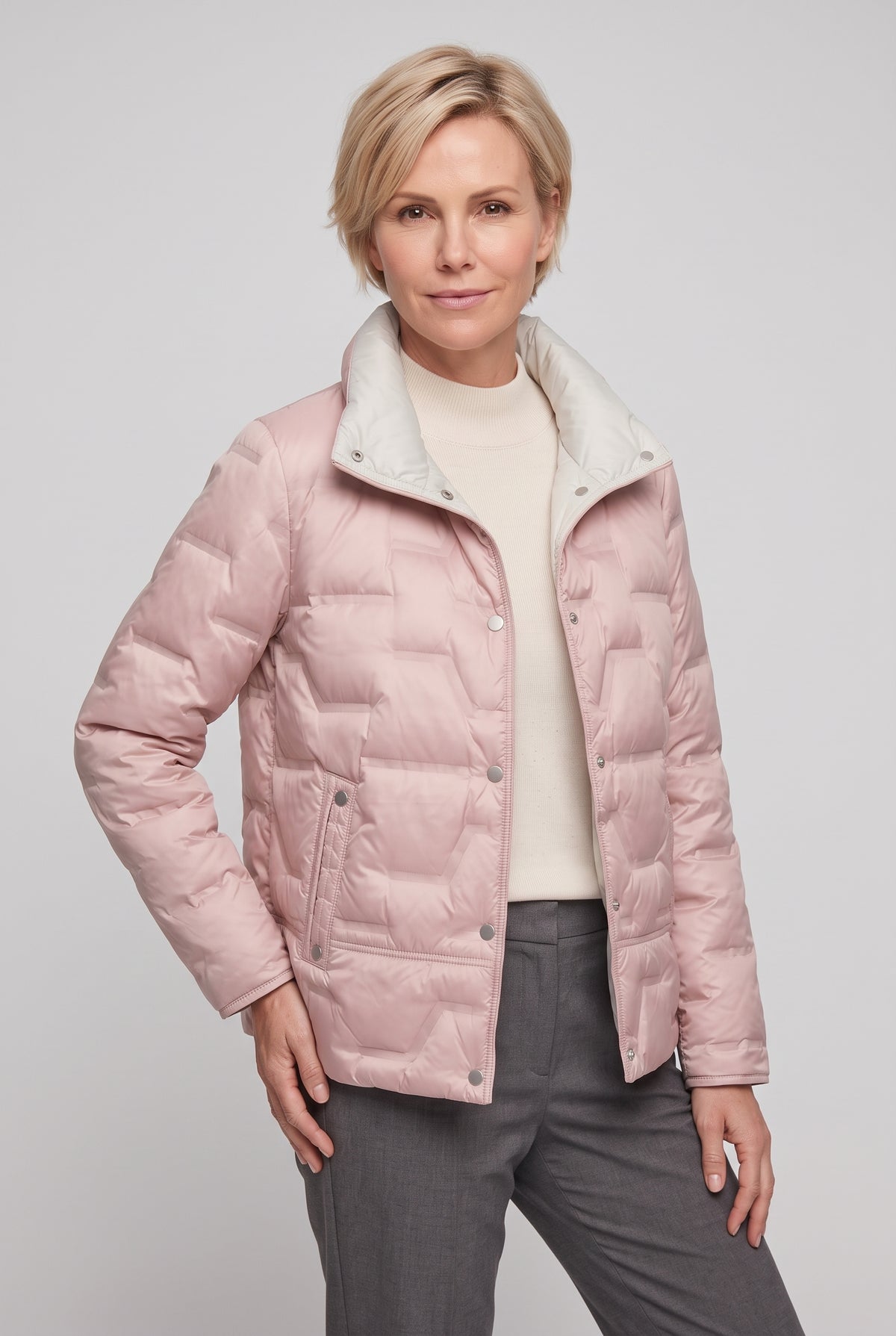 Women's Quilted Puffer Jacket with Stand Collar in Pink — studio front
