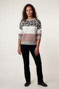 Pink Women's Color-Block Leopard Jacquard Crew Neck Sweater - Knitted sweaters - Photo 1